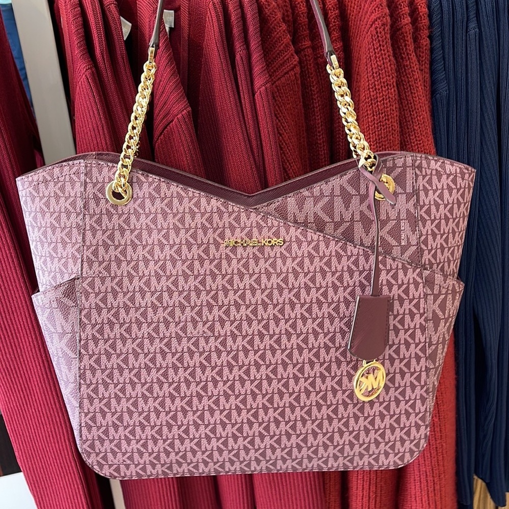 Michael Kors Jet Set Travel Large Chained Tote Shoulder Bag MK Bordeaux Multi - Picture 7 of 16